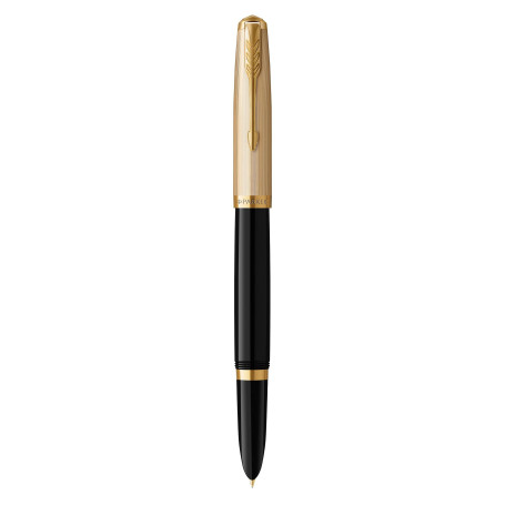 Parker 51 Deluxe stylo plume | Corps noir et attributs dorés | Plume fine en or 18 carats | Cartouche d'encre noire | Livré dans