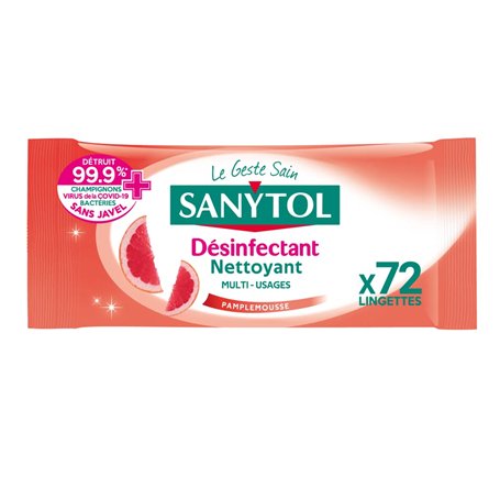 Sanytol Désinfectant Multi Usages Pamplemousse et Citronnelle 72 Lingettes