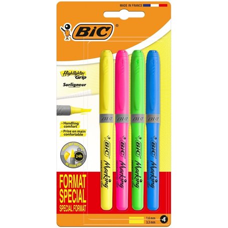 BIC Pochette de 4 surligneurs Highlighter Grip