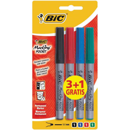 Bic Marking Pocket Marqueur Permanent Noir / Bleu / Rouge / Vert 3+1 Gratuit
