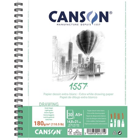 CANSON 1557® - Album spiralé 30 feuilles de papier dessin - Grain léger - A5+ 180g/m² - Extra blanc