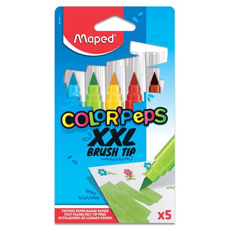 Maped - Feutres XXL Brush Tip Color'Peps - 5 Gros Feutres de Couleur avec Pointe Pinceau Extra Large pour Grandes Surfaces - Max