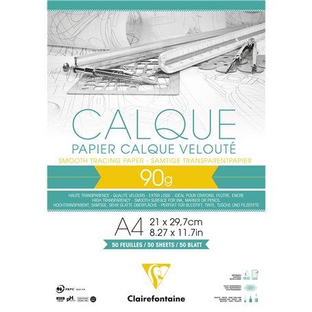 Clairefontaine 97133C Bloc Collé Papier Calque - 50 Feuilles Papier Calque Hautement Transparent - A4 21x29