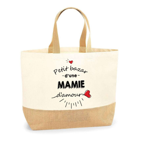Sac Mamie d'Amour | Cabas de Plage Courses Coton et Toile de Jute Idée Cadeau Femme