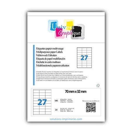 20 Planches de 27 étiquettes autocollantes 70 x 32 mm = 540 étiquettes adhésive Blanc Mat pour imprimante Feuilles A4 référence