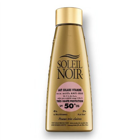 Soleil Noir - Lait Solaire Vitaminé SPF50+ Très Haute Protection Solaire UVA et UVB - Peaux Claires - Actifs Anti-Âge et Vitamin