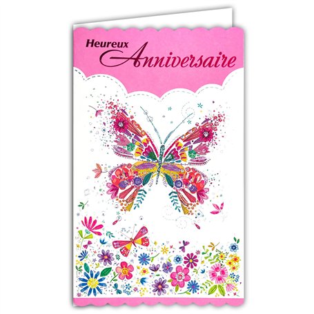 Afie 15-6505 Carte avec Enveloppe Heureux Anniversaire pour Fille Femme Gros Papillon Rose Fleurs des Champs Champêtre Libellule