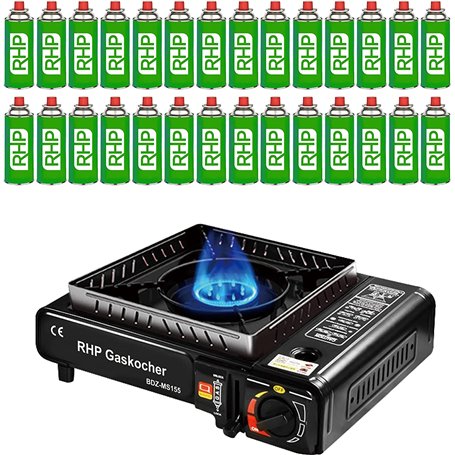 RHP Réchaud à gaz d'extérieur I Cuisinière à gaz avec 28 cartouches de gaz à baïonnette – Pour camping