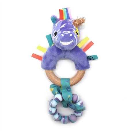 LES DEGLINGOS - ANNEAU DE DENTITION SILICONE & BOIS KIPROKOS LE ZEBRE - VIOLET - Jouet d'éveil - Dès la naissance - 24cm