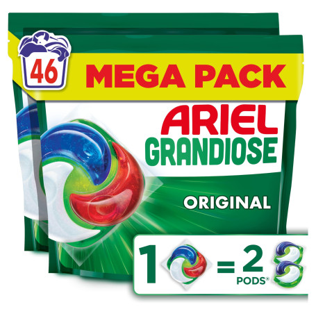 Ariel Grandiose PODS Original, 46 Lavages, 2X Action Détachante et Anti-Odeur, Dissolution Rapide Même à Froid, Économisez 60% d
