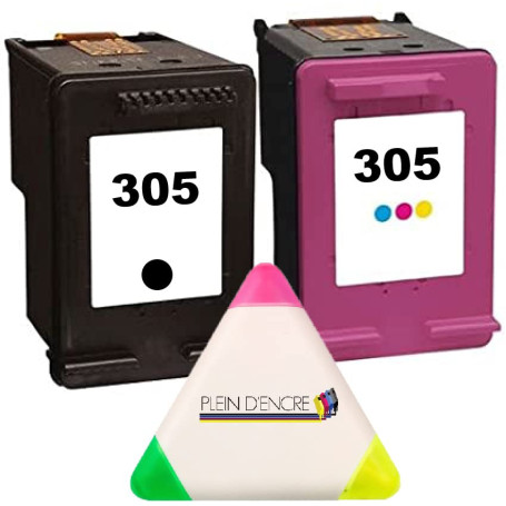 Multipack 2 Cartouches d'encre N° 305 Noir et Couleur pour imprimante HP Deskjet 2800 2810 2820 2821 2822 2823 + Un surligneur P