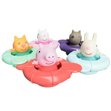 Tomy Toomies Pool Party de Peppa - 5 bouées à Anneau Flottant avec 5 Figurines Peppa Pig et Ses Amis - Jouets sensoriels pour bé