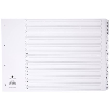 Concord Réf 04801/CS48 Intercalaires perforés 4 trous Touches 1-20 renforcées Mylar Blanc Format A3