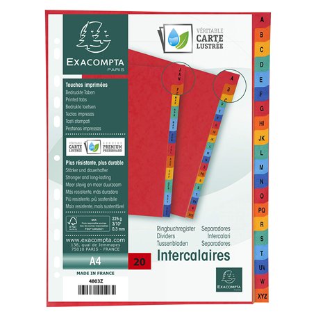 Exacompta - Réf. 4803Z - Intercalaires en véritable carte lustrée souple 225g/m2 FSC® avec 20 onglets imprimés alphabétiques de