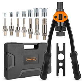 VonHaus Pince à Rivet - 7 Mandrins M3 M4 M5 M6 M8 M10 M12 et 150 Écrous à Rivets Assortis – Set de Filetage avec Mallette de Tra VonHaus Pince à Rivet - 7 Mandrins M3 M4 M5 M6 M8 M10 M12 et 150 Écrous à Rivets Assortis – Set de Filetage avec Mallette de Tra