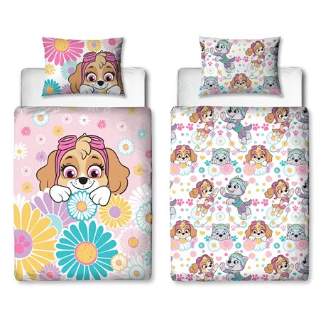 Housse de Couette Officielle Paw Patrol pour lit d'enfant | Motif Fleurs et Skye réversible 2 côtés avec taie d'oreiller Assorti