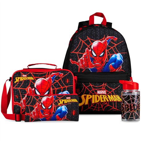 Marvel Spiderman Sac à Dos Enfant Set 4 Pièces Cartable Garçon Gourde 400ml Trousse Scolaire Sac Repas Isotherme Fournitures Sco