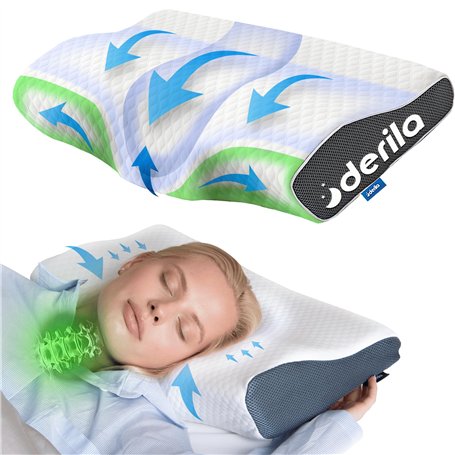 Derila Oreiller Mémoire de Forme Ergonomique Cervical l'oreiller (Pack de 1) Coussin Mémoire de Forme pour Dormeurs Latéraux
