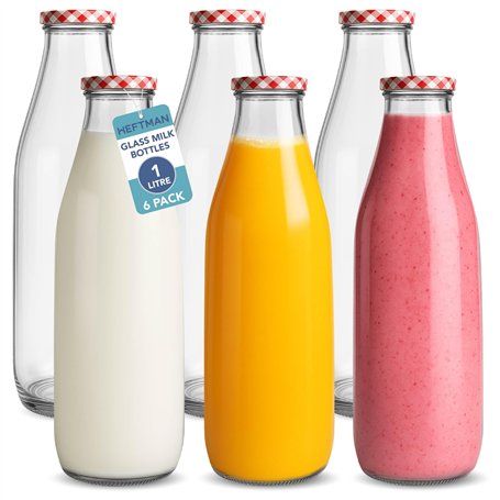 HEFTMAN Lot de 6 bouteilles de lait en verre avec couvercles – 1 litre vides hermétiques avec couvercles vichy rouges pour boiss