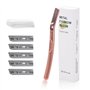 Rasoir Visage Femme Dermaplaning - Rasoir Sourcils en Acier Inoxydable avec 6 Lames Remplaçables - Outil Polyvalent pour Épilati