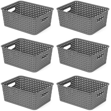 Winter Shore Panier Rangement Plastique Gris (Lot de 6) - Paniers pour Étagères avec Poignées - Bac Rangement Salle de Bain