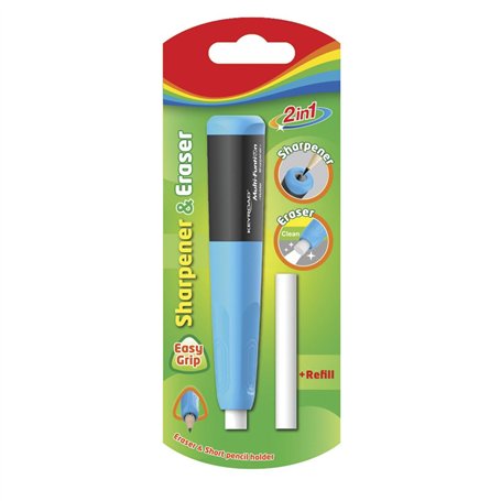 Matériau scolaire - Porte-gommes avec taille-crayon - Couleur bleue - Design ergonomique - Avec caoutchouc de rechange - Lame de