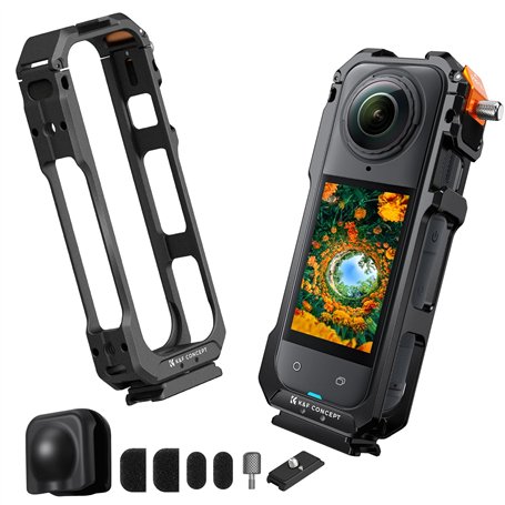 K&F Concept Cage en Aluminium et Bouchon d'objectif Doigts Pliants Mousse Anti-Vent Compatible avec Insta360 X5