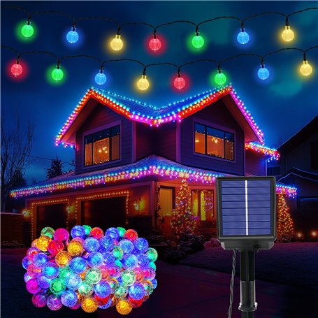 Guirlande lumineuse solaire d'extérieur - 100 LED - 3 m + 15 m - 8 modes - IP65 - Boules de cristal multicolores - Éclairage ext