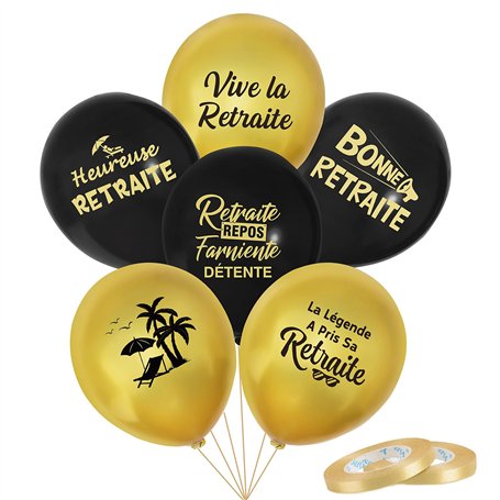 24Pcs Ballon Thème Retraite Noir Or en Latex pour Femme Homme Décoration Cadeau Fête avec Ruban