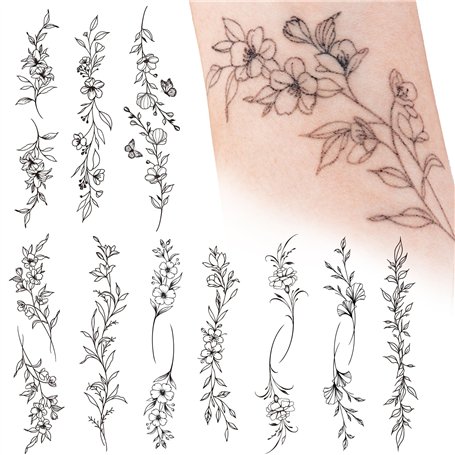 10Pcs Tatouage Temporaire Plante Noire Vigne Fleur Autocollant Tatouage Ephémère Etanche pour Femme