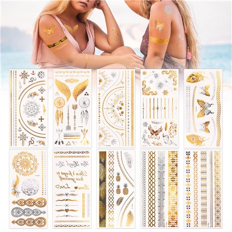 10 Feuilles Tatouage Temporaire Doré Argenté Faux Tatouage Ephémère Etanche Cadeau pour Femme Fille