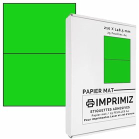50 étiquettes autocollantes Vert fluo de 148,5 X 210 mm - 2 étiquettes/feuille - 25 planches papier A4 adhésif couleur - pour im 50 étiquettes autocollantes Vert fluo de 148