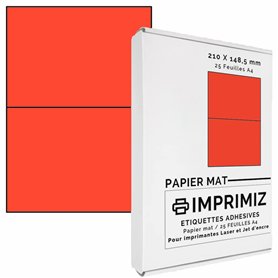 50 étiquettes autocollantes Rouge fluo de 148,5 X 210 mm - 2 étiquettes/feuille - 25 planches papier A4 adhésif couleur - pour i 50 étiquettes autocollantes Rouge fluo de 148