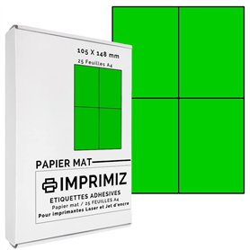 100 étiquettes autocollantes Vert fluo de 105 X 148,5 mm - 4 étiquettes/feuille - 25 planches papier A4 adhésif couleur - pour i 100 étiquettes autocollantes Vert fluo de 105 X 148