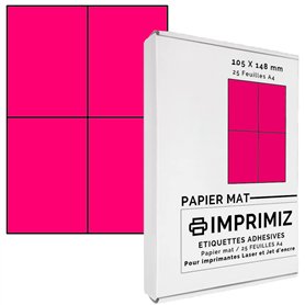 100 étiquettes autocollantes Rose fluo de 105 X 148,5 mm - 4 étiquettes/feuille - 25 planches papier A4 adhésif couleur - pour i 100 étiquettes autocollantes Rose fluo de 105 X 148