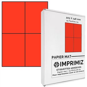 100 étiquettes autocollantes Rouge fluo de 105 X 148,5 mm - 4 étiquettes/feuille - 25 planches papier A4 adhésif couleur - pour  100 étiquettes autocollantes Rouge fluo de 105 X 148