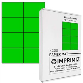 200 étiquettes autocollantes Vert fluo de 105 X 74 mm - 8 étiquettes/feuille - 25 planches papier A4 adhésif couleur - pour impr 200 étiquettes autocollantes Vert fluo de 105 X 74 mm - 8 étiquettes/feuille - 25 planches papier A4 adhésif couleur - pour impr