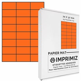 600 étiquettes autocollantes Orange fluo de 70 X 37 mm - 24 étiquettes/feuille - 25 planches papier A4 adhésif couleur - pour im 600 étiquettes autocollantes Orange fluo de 70 X 37 mm - 24 étiquettes/feuille - 25 planches papier A4 adhésif couleur - pour im