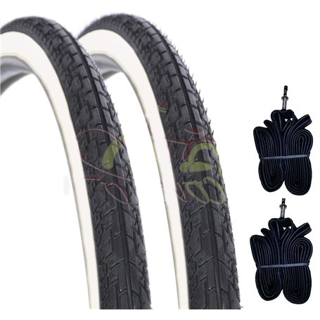 DEESTONE Kit 2 Deux pneus + 2 Deux Chambres pour vélo VTT 26 x 1.75 Blanc Noir Slick STR.