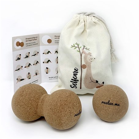 Reelax.me Lot de 2 balles de massage pour fascias et double balle de 8 cm en liège antibactérien pour mains
