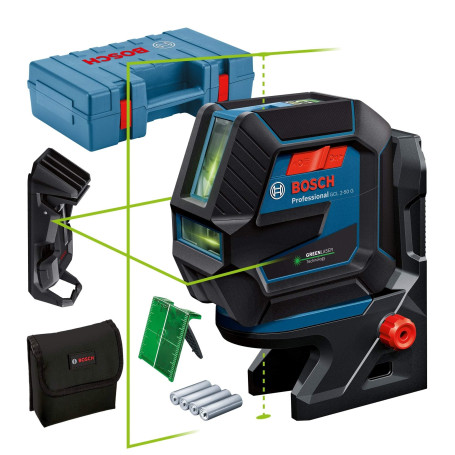 Bosch Professional Niveau Laser GCL 2-50 G (faisceau vert, d'intérieur, support RM 10, pince plafond, portée visible : jusqu’à 1