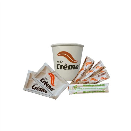Serti de 100 sachets de sucre extra fins + 100 gobelets en papier + 100 palettes biodégradables - Caffè Crème