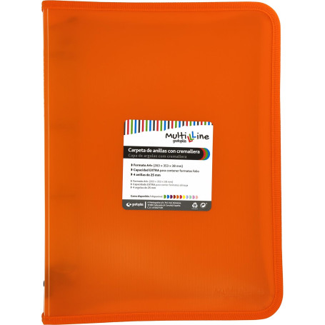 Grafoplás Classeur à anneaux avec fermeture éclair A4+ Orange | Multiline | 4 anneaux mixtes 25 mm | Couverture en polypropylène
