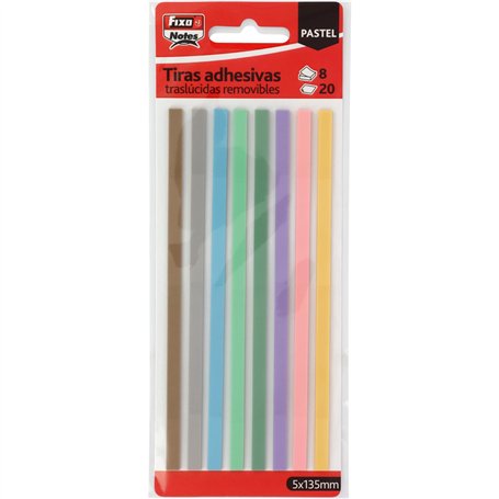 Fixo Notes | Bandes adhésives pour surligner | 8 couleurs pastel | 20 bandes par couleur | 5 x 135 mm | plastique translucide |