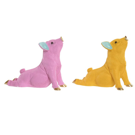 Figurine Décorative Home ESPRIT Jaune Vert Rose Doré Cochon 30