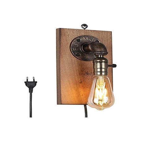 BarcelonaLED Applique Murale Vintage Industrielle Bois Pendentif Poignée avec Bouton Interrupteur et Prise de Cordon pour E27 Am