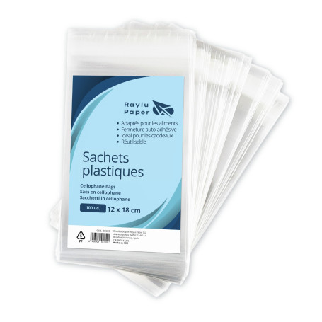 RAYLU PAPER - Lot de 100 sacs en cellophane transparents avec fermeture auto-adhésive