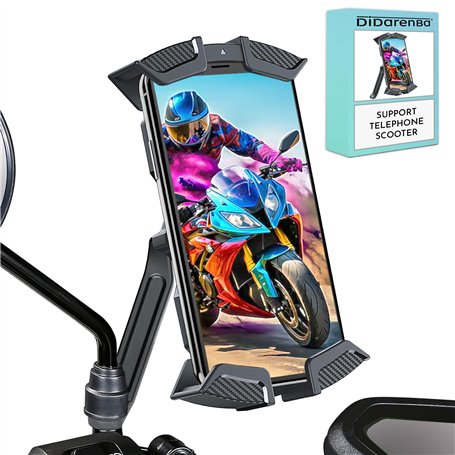 Support Telephone Scooter 4 Fixations Stabilite maximale Fixation au retroviseur Compatible avec Tous Les Smartphones Rotation a