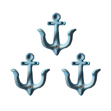 TentHome Lot de 3 porte-manteaux décoratifs en fonte patinée - Style maritime vintage - Bleu vieilli
