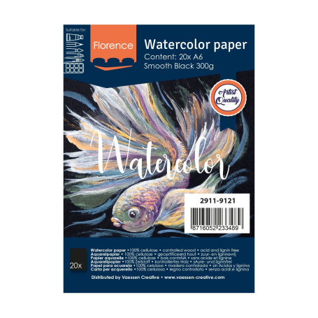 Florence Papier Aquarelle Lisse - A6 - Noir - 20 feuilles - 300 g/m² - Sketchbook pour le Dessin